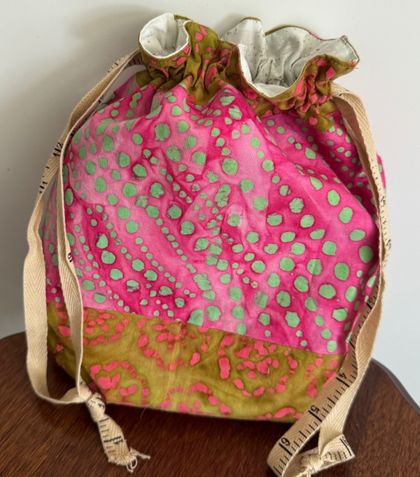 Small Knitting/ Crochet Project Bag ,  Pink and Green Batik