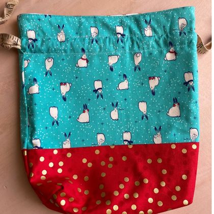 Small Knitting/ Crochet Project Bag , teal and red bunnies in scarves