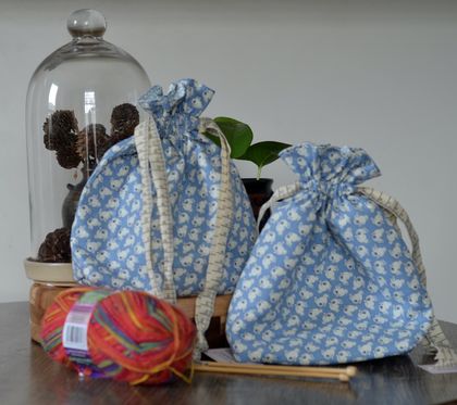 Small Knitting / Crochet Project Bag _  Vintage Bunny Blue