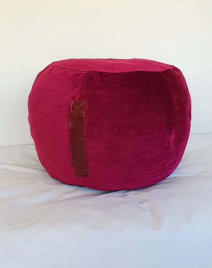 raspberry velvet pouf, deep pink round ottoman pouf, magenta pouffe