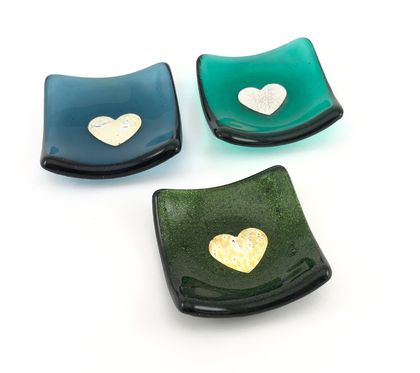 Fused Glass Dinky Dishes with Pure Silver Heart - Dark Greens