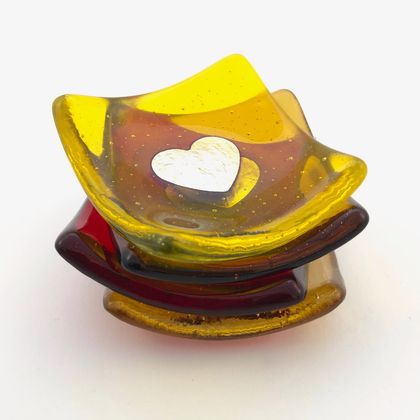 Fused Glass Dinky Dishes with Pure Silver Heart - Yellow, Amber and Red