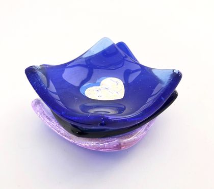Fused Glass Dinky Dishes with Pure Silver Heart - Blues
