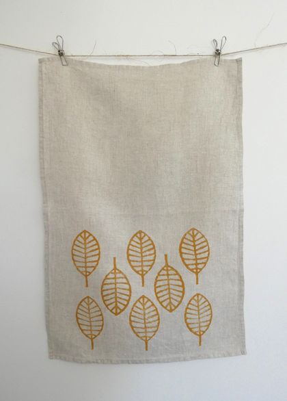 Block printed tea towel - Scandi leaves