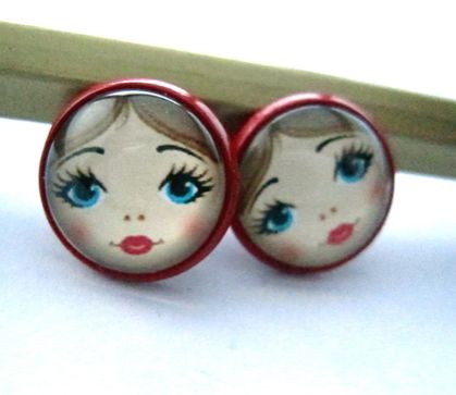 doll faces - glass dome earrings in red stud base.