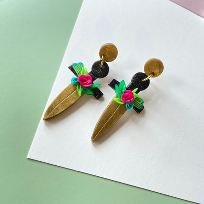 Dagger Sword Flower Stud Drop Earrings | Individually handmade | Lightweight Polymer Clay |
