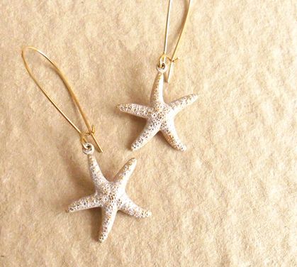 Golden Starfish earrings: lifelike, gold and white starfish charms on long ear-wires