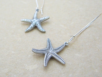 Silver Starfish earrings: antiqued silver starfishes on long ear-wires