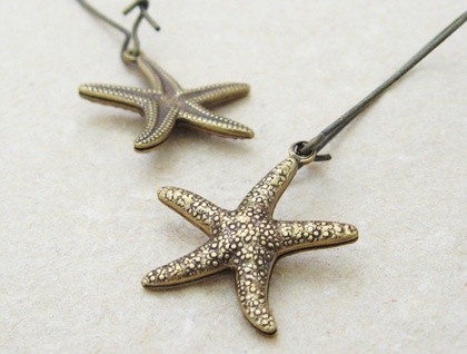 Brass Starfish earrings: lifelike, double-sided, antiqued brass starfish charms on long ear-wires