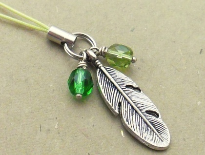 Forest Feather cellphone charm with sparkly green glass beads and green strap