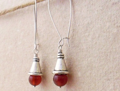 Carneole earrings: silver-capped orange carnelian beads and silver plated ear-wires 