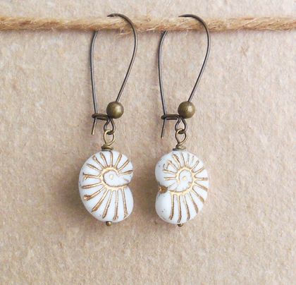 White Nautilus earrings: Czech glass shells on long ear-wires