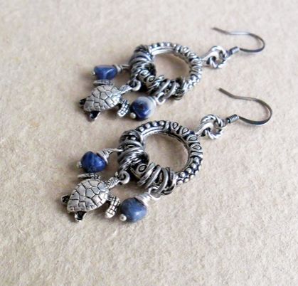 Turtle Cluster earrings: silver sea-turtle charms with blue sodalite stone