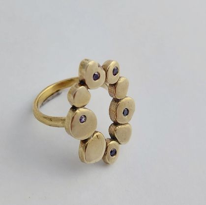 Brass pebble ring with purple stones