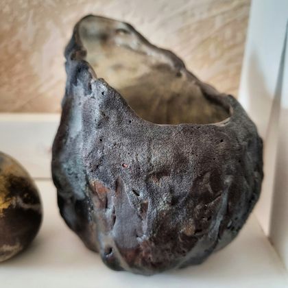 Raku fired Black Sand Pottery vessel, Ceramic Nature Art