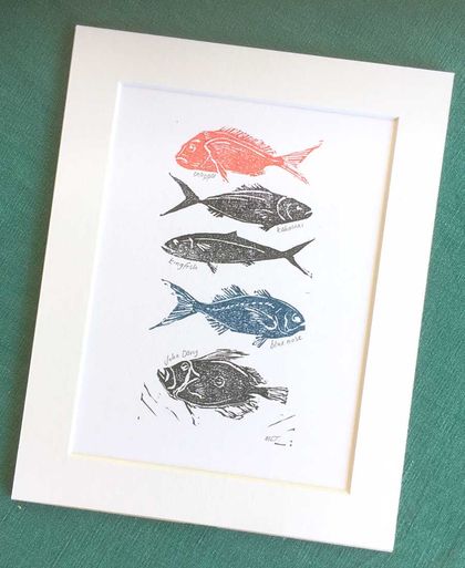 Lino Cut Print: Red Fish, Blue Fish, NZ Fish