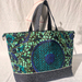 African Wax Print + Japanese Denim - Overnight Travel Tote Bag (Green Flowers)