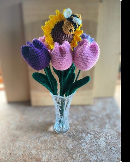Six Crochet  Tulips with a Sunflower and Bee