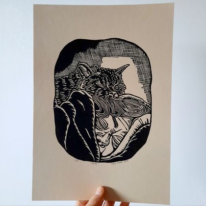 Catnap. Linocut Print on Natural Cartridge Paper.